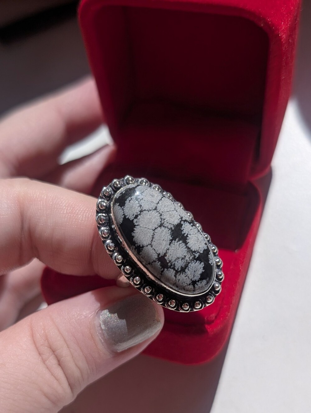 Vintage Handcrafted Genuine Snowflake Obsidian Set In Sterling Silver Size 8.5